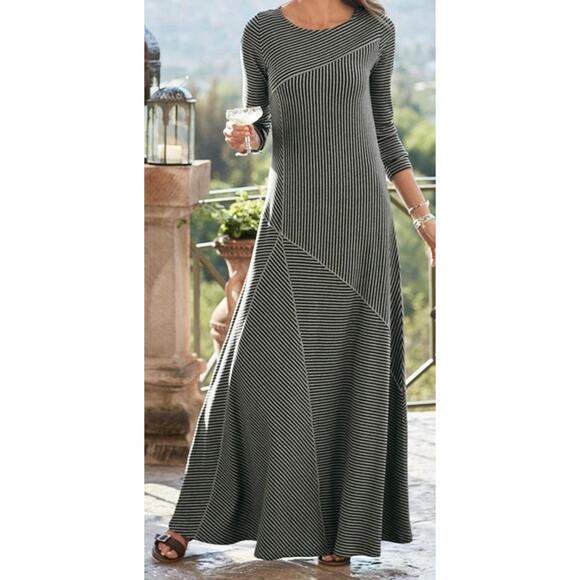 Soft Surroundings Black Grey Ryley Stripe Maxi Women’s Dress Medium Ribbed Knit - Picture 1 of 5